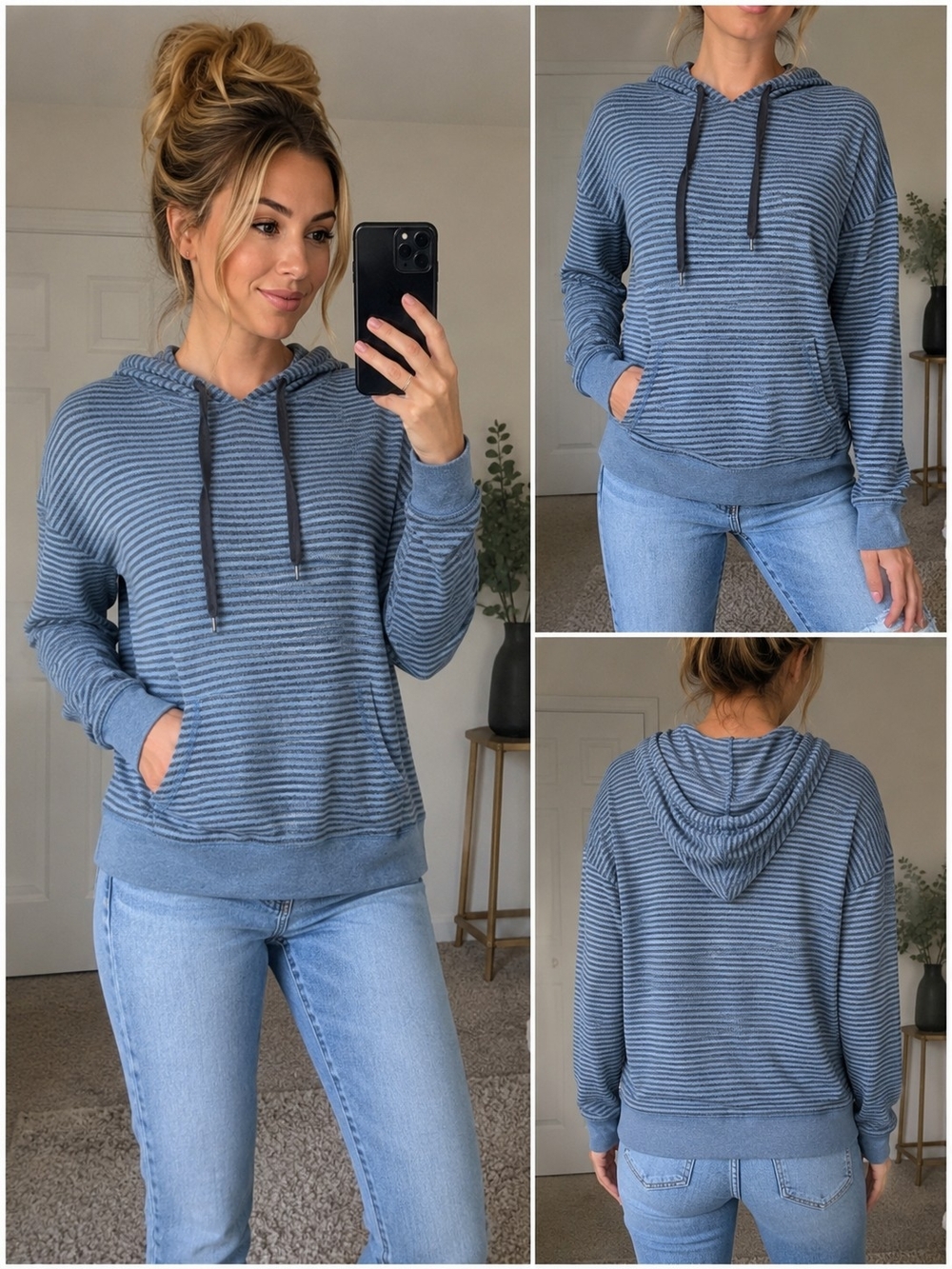 Mossimo Blue & Gray Striped Hoodie Pullover Kangaroo Pocket Casual Sweatshirt